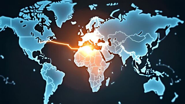 Expansive digital map highlighting connected cities as candidate considers global job opportunity in multinational corporation. in  Photo Stock  Concept  and empty space on the left side