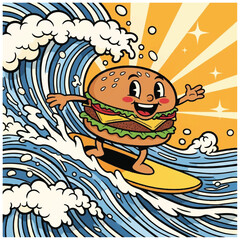 Burger Surfing the Waves with Joyful Expression and Enthusiasm.