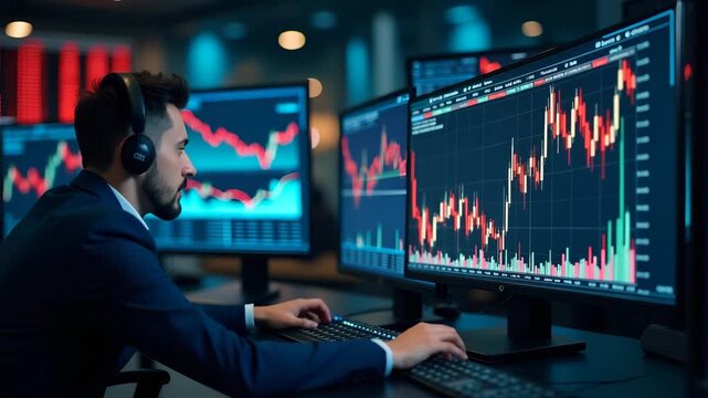 Trading desk operators capturing financial market fall with screens showing red candles and plummeting indices prompting strategic reallocation of assets in  Photo Stock  Concept  and empty space on t