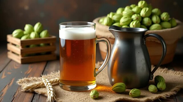 Rustic beer setup with wooden crates burlap sacks of hops tarnished metal pitcher filled with frothy ale and wheat stalks scattered on burlap cloth in  Photo Stock  Concept  and empty space on the lef