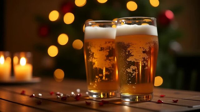 Intimate scene of two frosty beer glasses on wooden table set for romantic evening with soft candlelight glow and gentle bokeh of background lights in  Photo Stock  Concept  and empty space on the lef