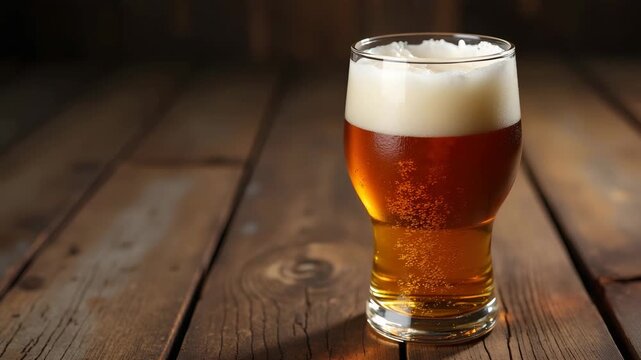 High resolution study of artisanal beer poured into a rustic chalice on reclaimed wood surface with natural light accentuating foam texture and rich amber tones in  Photo Stock  Concept  and empty spa