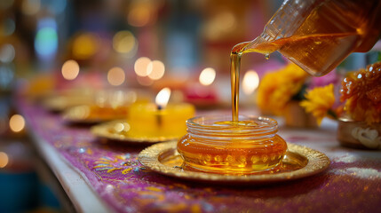 Pouring oil into golden diyas with flower decorations during Karthigai Deepam festival celebration in Tamil Nadu