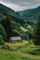 Rustic cabin nestled in a lush valley