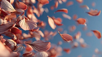 Soft pink petals float in a gentle breeze against a pale blue sky