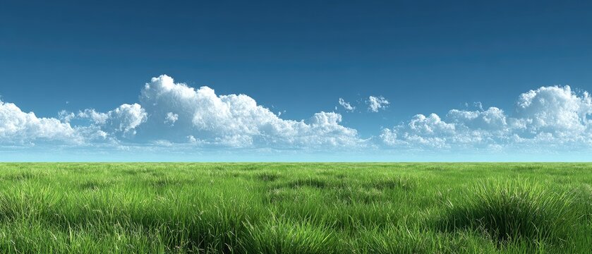 Wide expanse of vibrant green grass field under a vast, partly cloudy blue sky - Powered by Adobe