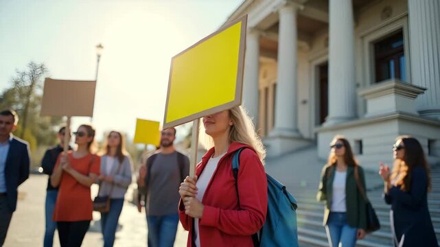 Community rally advocating clean energy push with placards calling for renewable power adoption outside government building in  Photo Stock  Concept  and empty space on the left side