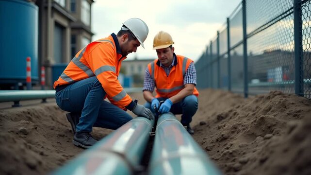 Engineers inspecting public water system infrastructure by surveying water main junctions valve chambers and pump stations to ensure uninterrupted service delivery in  Photo Stock  Concept  and empty 