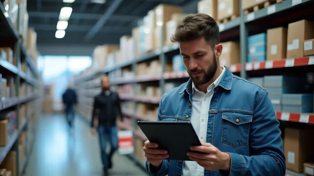 Retail stockroom manager examining American market stress indicators on financial tablet while monitoring store inventory metrics in  Photo Stock  Concept  and empty space on the left side