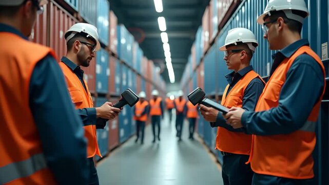 Detailed photograph of customs inspection area with officers examining cargo containers using handheld scanners heavy?duty equipment and safety gear in  Photo Stock  Concept  and empty space on the le