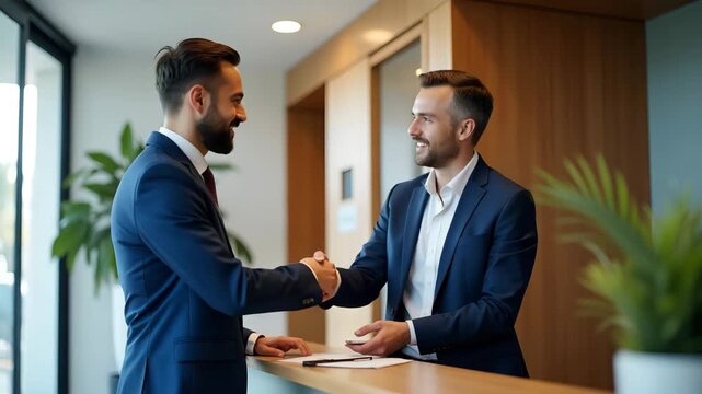 Executive greeting new team member with welcoming handshake standing near reception desk signifying organizational culture hospitality unity in  Photo Stock  Concept  and empty space on the left side