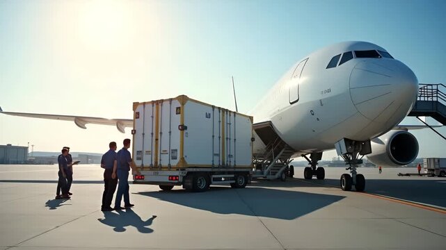 Busy airport ground crew working in synchronization to load heavy cargo into airplane ensuring timely departure for international flight in  Photo Stock  Concept  and empty space on the left side