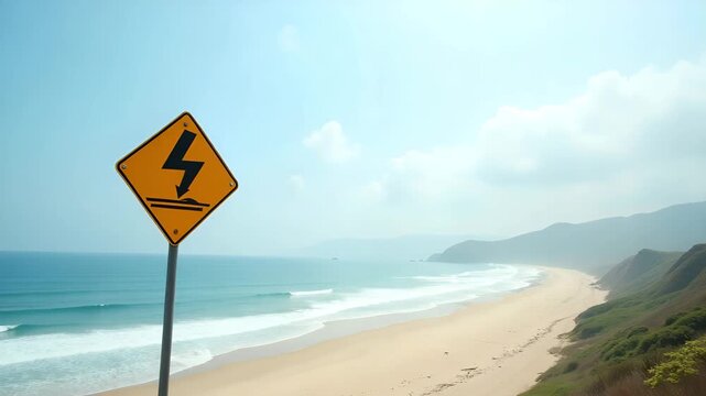 Drone panorama of serene beach with warning signs indicating tsunami risk horizon emphasizing coastal evacuation planning and hazard preparedness measures in  Photo Stock  Concept  and empty space on 