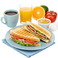 Grilled sandwich with ham lettuce and tomato on plate with breakfast items isolated on white