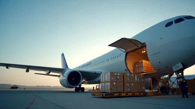Airplane cargo area being readied for shipment loading displaying packaging techniques and shipment protocols for secure international transport in  Photo Stock  Concept  and empty space on the left s