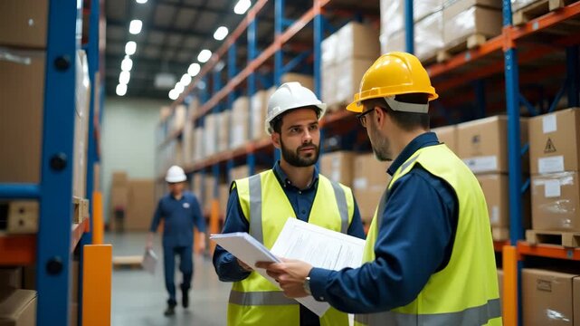 Supply chain teams conducting safety audit in Canadian goods warehouse documenting compliance checks forklift training records and hazard signage under ISO standards in  Photo Stock  Concept  and empt