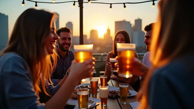 Vibrant rooftop party image capturing friends clinking beer cans against urban skyline backdrop under string light canopy for modern social gathering in  Photo Stock  Concept  and empty space on the l