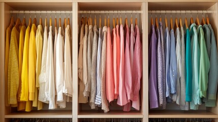 Open closet filled with women shirts, blouses, and cozy sweatshirts organized by color, bright natural lighting and wooden shelves