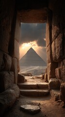 Ancient pyramid vista through stone archway