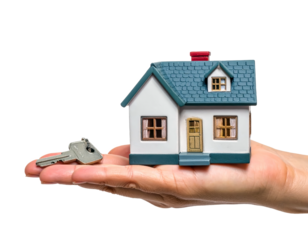 key anfd home miniature on hand investment renting buying and selling concept isolated on transparent png