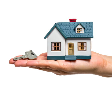 key anfd home miniature on hand investment renting buying and selling concept isolated on transparent png