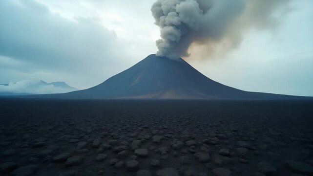 Stunning volcanic scenery captured from elevated viewpoint showing rugged lava plains rising toward active volcano spewing ash and smoke into overcast sky in  Photo Stock  Concept  and empty space on 