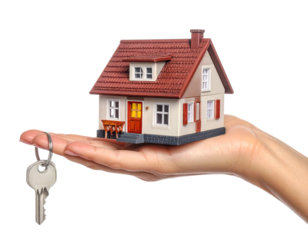 key anfd home miniature on hand investment renting buying and selling concept isolated on transparent png