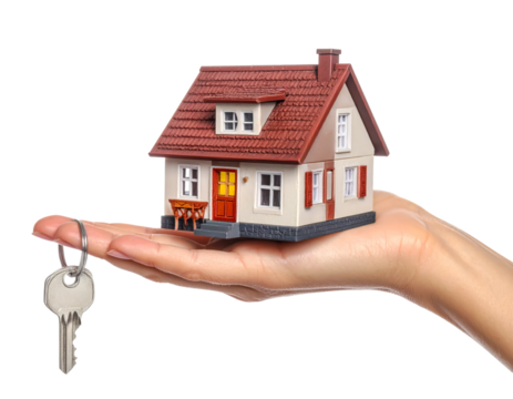 key anfd home miniature on hand investment renting buying and selling concept isolated on transparent png