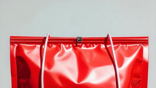 Shiny red crinkled pouch with white string handle and metallic clip against a plain light background
