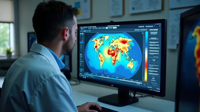 Scientist operating global temperature model on computer displaying earth heating up projections and heat index simulations in climate lab in  Photo Stock  Concept  and empty space on the left side