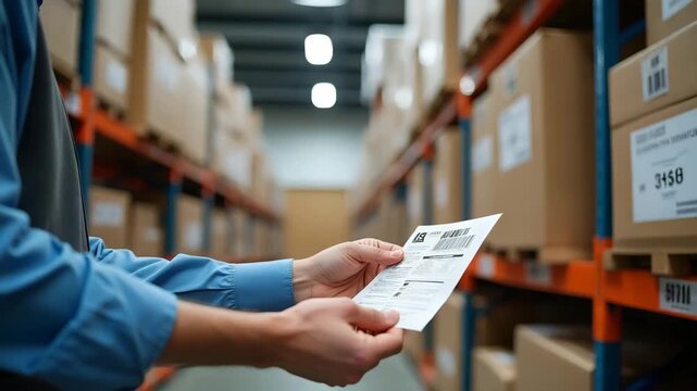 Warehouse manager applying product restriction USA labels to regulated items in secure distribution facility under customs authority supervision in  Photo Stock  Concept  and empty space on the left s