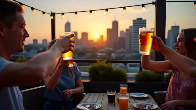 Vibrant rooftop party image capturing friends clinking beer cans against urban skyline backdrop under string light canopy for modern social gathering in  Photo Stock  Concept  and empty space on the l