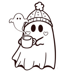 Cute Cozy Ghost with Winter Hat and Hot Drink Line Art Illustration 