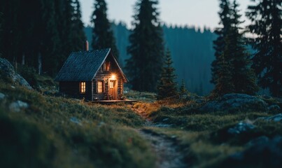 Rustic cabin nestled in a misty mountain forest at dusk