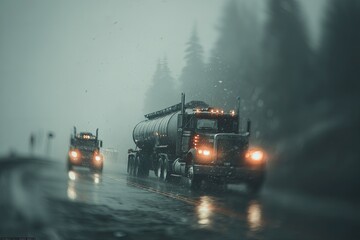 Heavy trucks on a rainy mountain road