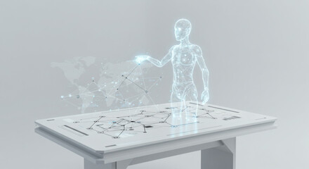 Futuristic interactive holographic display with a translucent human figure interacting with a digital network