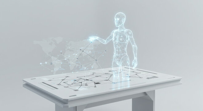 Futuristic interactive holographic display with a translucent human figure interacting with a digital network - Powered by Adobe