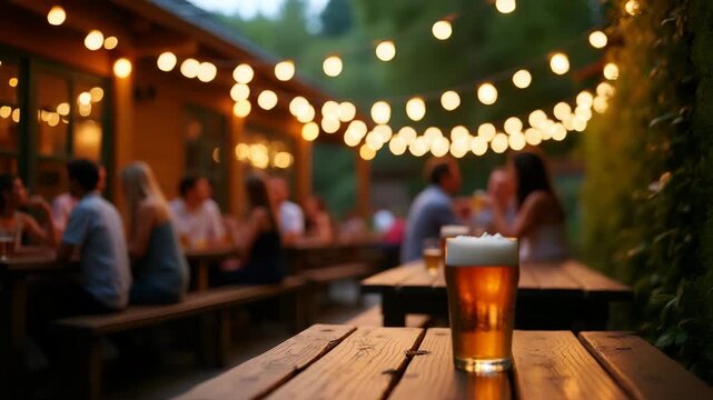 Lively beer garden scene with friends savoring chilled artisanal brews at wooden tables under twinkling string lights surrounded by lush greenery ambiance in  Photo Stock  Concept  and empty space on 