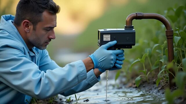 Specialist conducting water purity check using portable spectrophotometer to detect organic contaminants in rural drinking water supply in  Photo Stock  Concept  and empty space on the left side
