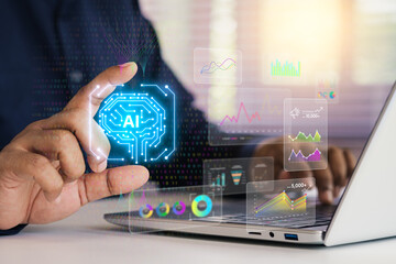 AI data analytics dashboard, business data insights, AI-powered data analysis dashboard, business strategy, Analyst or Scientist uses a computer and dashboard for analysis of information development