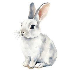 Obraz premium Watercolor painting of a cute white rabbit isolated on transparent background, showcasing its fluffy fur, long ears, and adorable features in a delicate artistic style