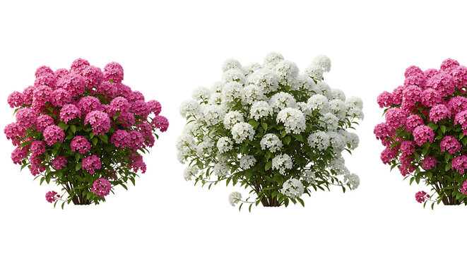 Three flowering bushes pink and transparent white on transparent background
