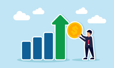 businessman carrying dollar coin near rising chart illustration of business profit growth