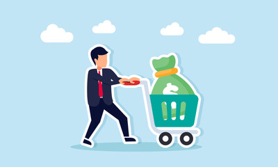businessman pushing trolley filled with money bags illustration of taking profit from business project