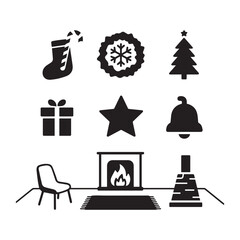 Set of Silhouette Christmas Fireplace Icons with Festive Decorations on White Background.