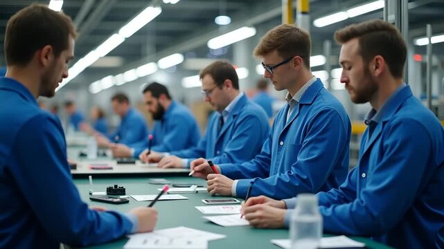 Quality control teams stationed at product inspection point conducting visual and functional tests ensuring manufacturing quality across assembly line process in  Photo Stock  Concept  and empty space
