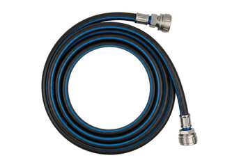 Tough Black Rubber Hose with Blue Stripes and Metal Ends