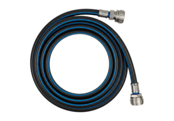 Tough Black Rubber Hose with Blue Stripes and Metal Ends