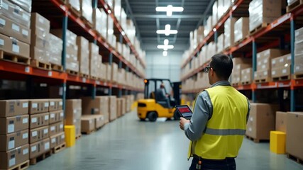 Warehouse manager overseeing Canadian goods warehouse operations with pallet racking high shelving forklifts and inventory control scanners ensuring efficient order fulfillment in  Photo Stock  Concep - Powered by Adobe