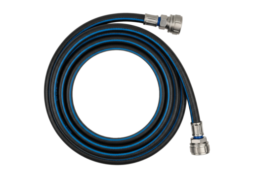 Tough Black Rubber Hose with Blue Stripes and Metal Ends
